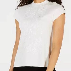 Anne Klein White Floral Embroidered Beaded Knit Top Cap Sleeves Size Large
